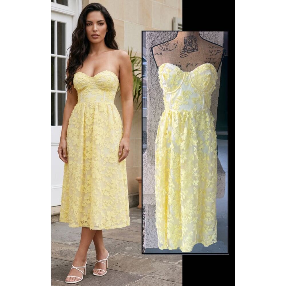 Lulus 3D Floral Applique Embroidered Strapless Quite Perfect Midi Dress Sz L